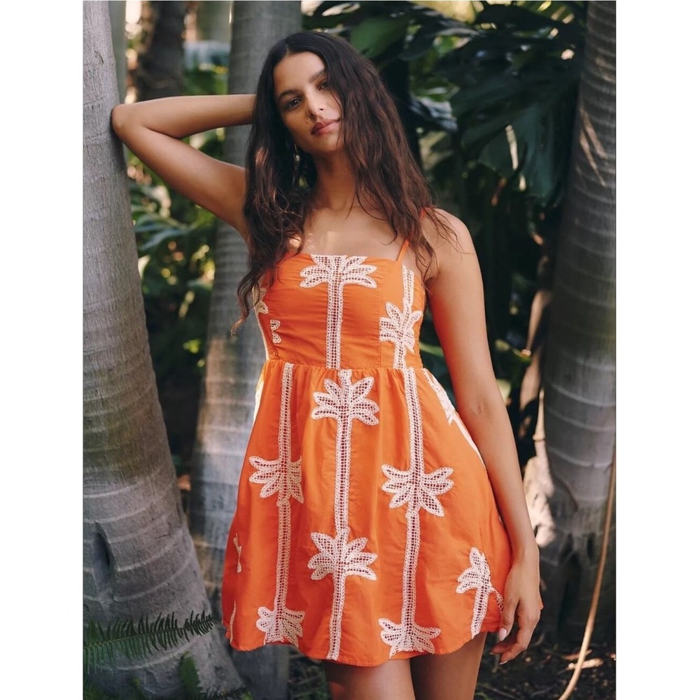 Maaji Emiliana Smocked Mini Dress Womens S Orange Palm Tree Embroidered